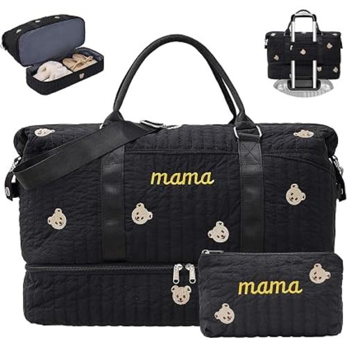 Mama Maternity Hospital Bag Essentials for Women Labor Delivery Baby Diaper Organizer with Shoe Compartment & Toiletry Pouch Travel Duffle Bag for Pregnancy Mommy Weekender Overnight Gifts,Black Bear