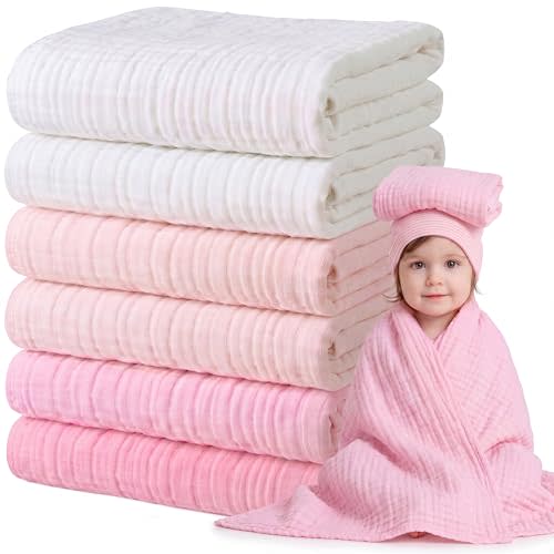 Chumia 6 Pack Baby Muslin Bath Towels Bulk 43.3 x 43.3 Inch 6 Layer Soft Cotton Swaddle Receiving Blankets Breathable Quick Dry for Newborn Infant Toddler, Baby Shower Registry Gifts(Pink and White)