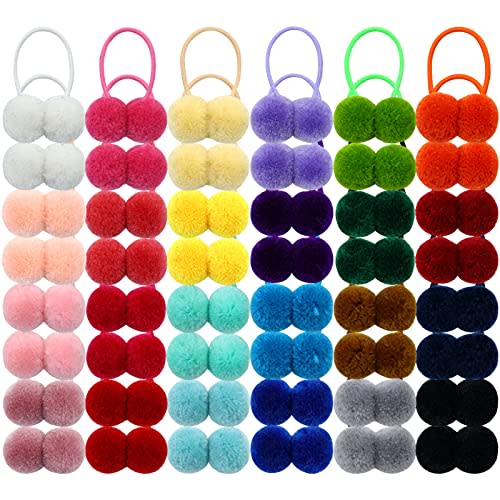 Dizila 48 Pieces/24 Pairs Candy Colors Cute Small Fuzzy Pompom Hair Ties Scrunchies Pom Pom Elastics Pigtail Ponytail Holders Fluffy Balls Rubber Bands Ropes Hair Accessories for Baby Girls Kids