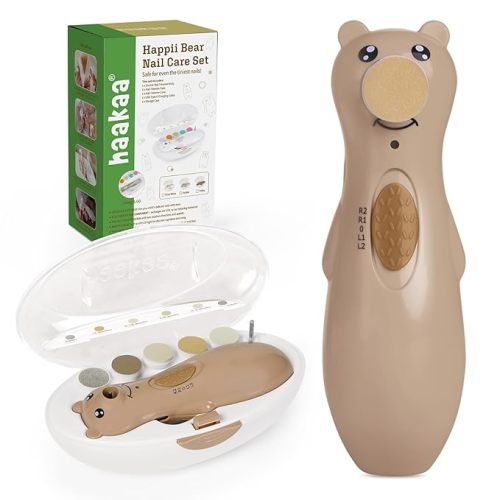 haakaa Baby Nail File Electric, Rechargeable Baby Nail Trimmer with LED Light, Baby Nail Clippers for Newborn/Children's Fingernails and Toenails, 6 Replacement Heads & Storage Case, Toffee