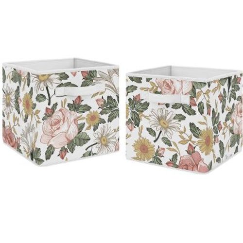 Sweet Jojo Designs Fabric Storage Bins Set Floral Vintage Pink Green and Yellow