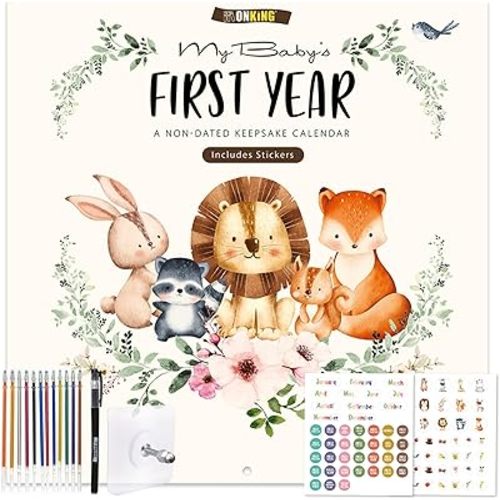Baby's First Year Calendar with Stickers - 1st Year Tracker and Memory Book for Girls and Boys - Document and Cherish Milestones with Pocket and Drill Free Adhesive Hook