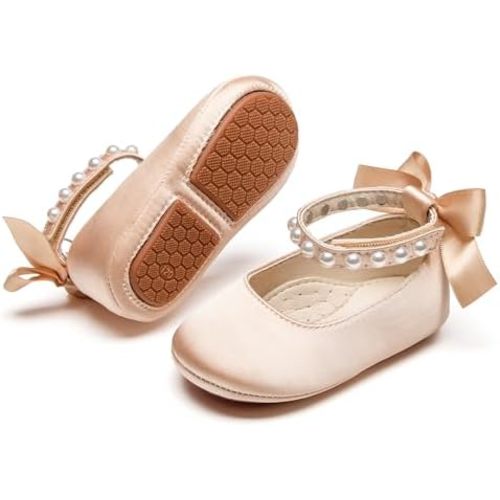Baby Girls Mary Jane Flats - Infant Newborn Walking Shoes Soft Rubber Sole Princess Wedding