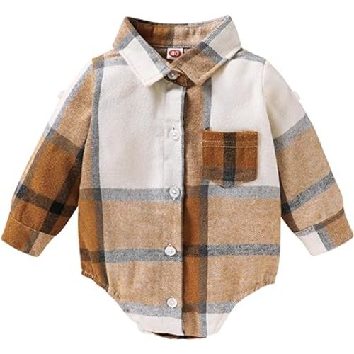 HAPPYMA Newborn Baby Boy Girls Plaid Outfit Flannel Romper Tops Infant Long Sleeve Button Down Plaid Casual Bodysuit Clothes