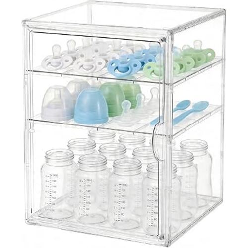 Baby Bottle Organizer, 3 Tiers Acrylic Bottle Storage Organizer Container, Clear Plastic Bottle Station Organizer with 2 Adjustable Dividers for Kitchen Countertop, Bathroom, Cabinet, Vanity (Large)