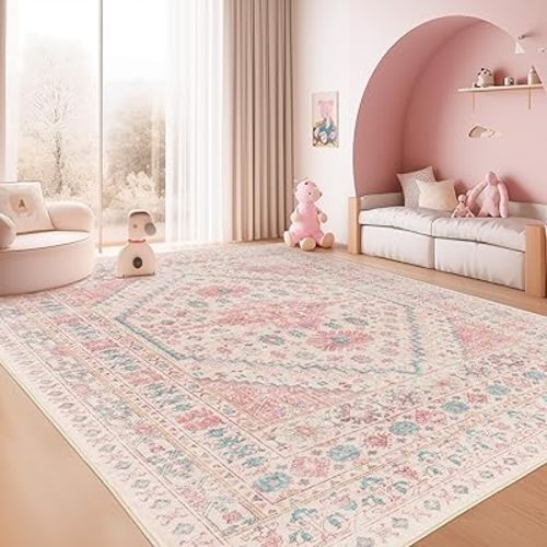 zesthome 8x10 Area Rugs for Girls Bedroom, Non-Slip Backing Washable Rugs, Vintage Large Pink Rug, Stain Resistant Nursery Room Rug (Pink/Blue,8'x10')