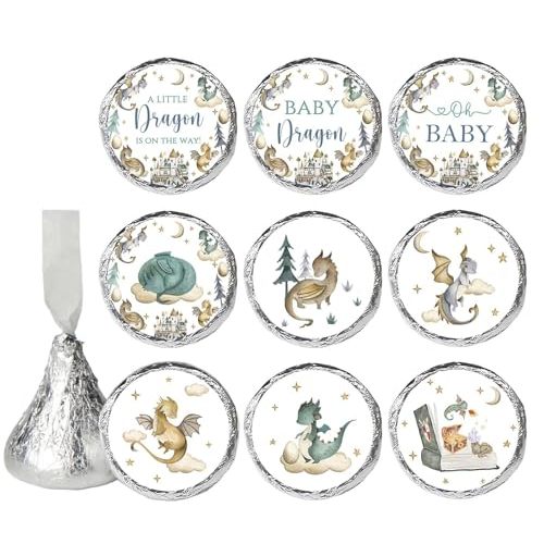 Dragon Baby Shower Favors Stickers, 450PCS Little Dragon Chocolate Kisses Candy Stickers, Boy Baby Shower Candy Labels