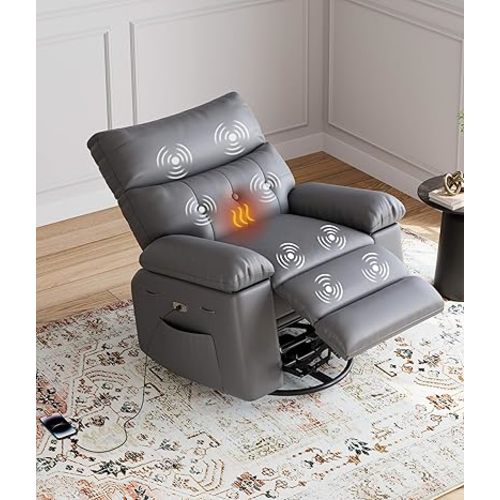 GarveeHome Power Rocker Swivel Recliner Chair - Heat and Massage, PU Leather Electric Glider Rocking Chair with USB Port, Glider Recliner Nursery Chair for Living Room, Bedroom, Nursery