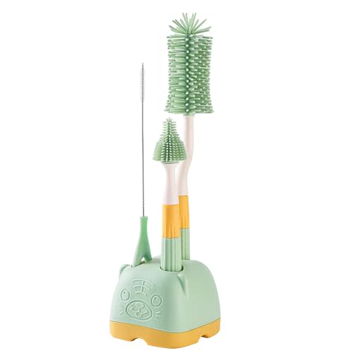Malalife 3 in 1 Baby Silicone Bottle Brush Set, Multipurpose Bottle Cleaner, Bottle Brush with Storage Holder, Food Grade Silicone, Effortless Scrubbing, Baby Bottle Cleaning Brush (Green)