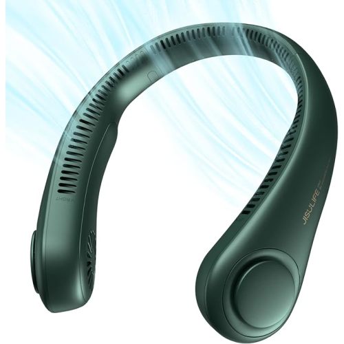 JISULIFE Portable Neck Fan, Hands Free Bladeless Hanging Sport Fan, 4000 mAh Battery Operated Wearable Personal Fan, Leafless, Rechargeable, Headphone Design, USB Powered,5 Speeds-Dark Green