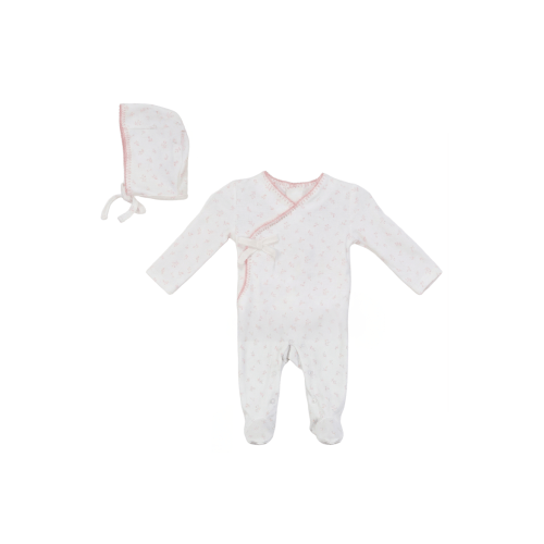 Girl Cherry Rib Faux Wrap Romper with Bonnet