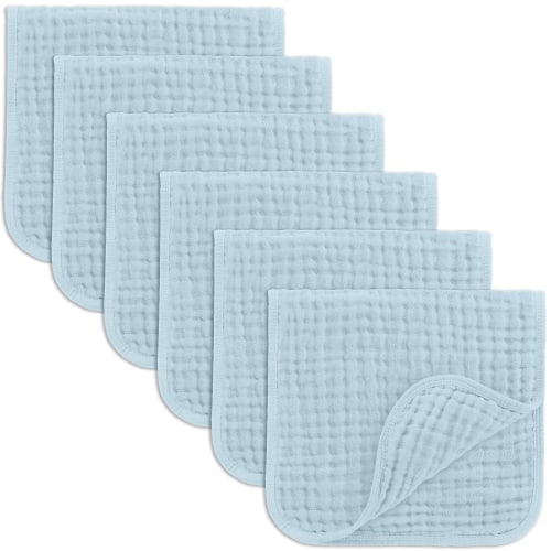 Comfy Cubs Muslin Burp Cloths - Large 100% Cotton Washcloths, 6 Layers (Sky Blue, 6-Pack, 20"X10")