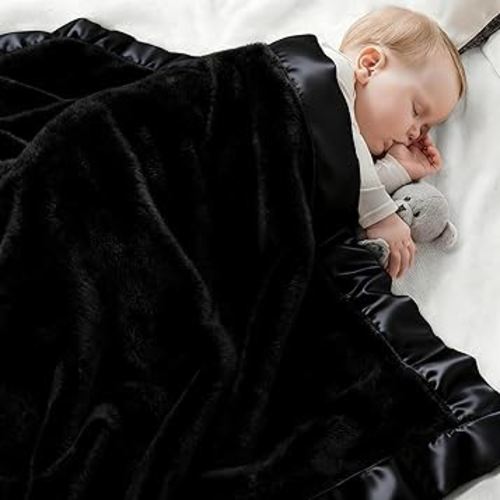 Pro Goleem Fleece Baby Blanket with 2 Inch Satin Trim Soft Anti-Static Plush Blanket for Boys and Girls Christmas Baby Gifts for Babies Black 30''x40''