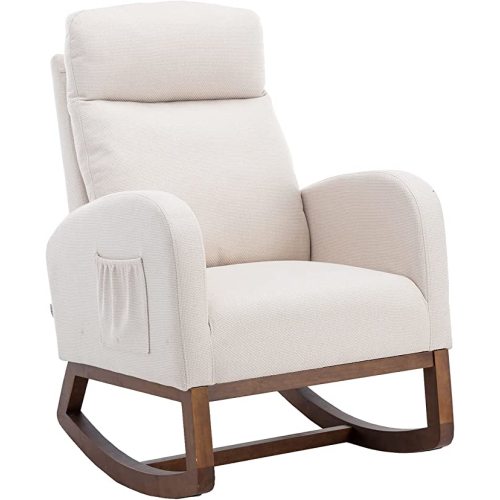 Dolonm Nursery Rocking Chair for Living Room, Upholstered Mid-Century Modern Nursery Rocking Armchair Tall Back Accent Glider Rocker, Beige