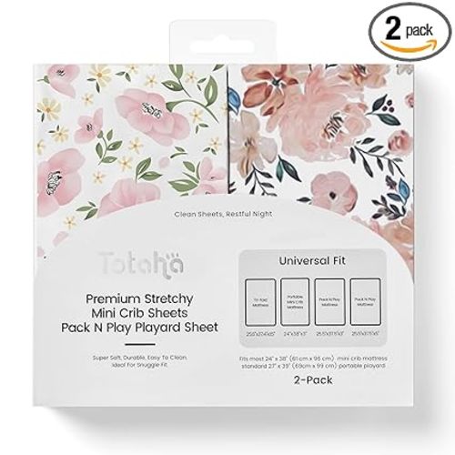 Graco Pack and Play Sheets Fitted, TotAha Buttery Soft Mini Crib Sheets Girl, Floral Pack N Play Mattress Sheets Hypoallergenic, Premium Jersey Playrad Sheets, Meredith Allover & Pale Pink, 2 Pack