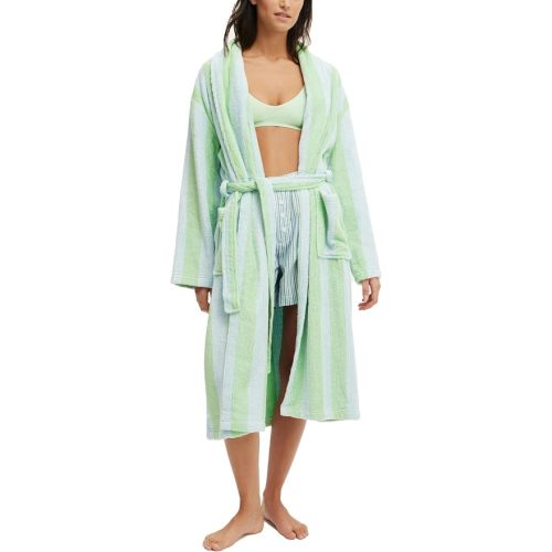 Seyurigaoka Women Striped Plush Soft Long Towel Robe Shawl Collar Bathrobe Lightweight Warm Gown with Belt