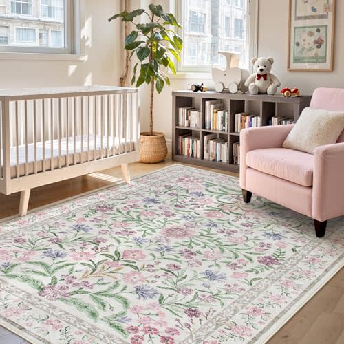 Lahome Sylvie 8x10 Purple Nursery Rug, Washable Kids Baby Rugs for Girls Bedroom Nursery, Soft Floral Cottage Core Thin Carpet for Classroom Reading Room Home Office, Pale Lilac/Pink
