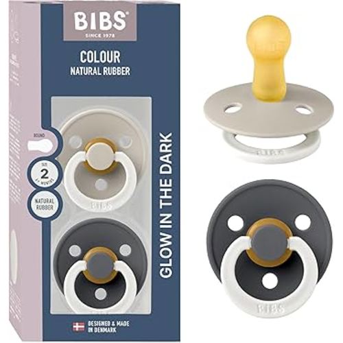 BIBS Colour Night Glow in The Dark Soother 2-Pack, BPA Free Dummy Pacifier, Round Nipple. Natural Rubber Latex, Made in Denmark, Size 2 (6-18 Months), Sand Glow/Iron Glow