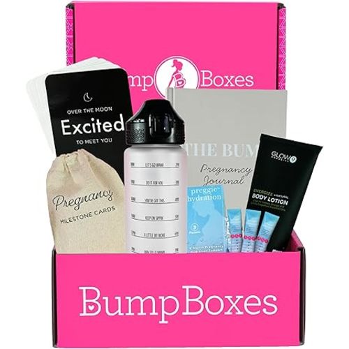 Bump Boxes 1st Trimester Pregnancy Gifts for Expecting Moms with Water Bottle, Journal, Lotion and Milestone Cards, Gift for Mother to Be