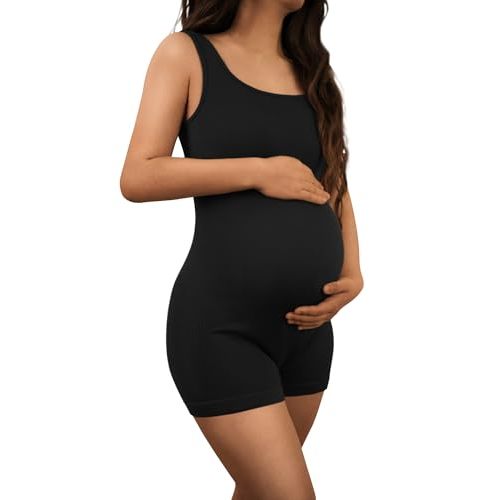 AIBIANOCEL Women's Maternity Bodysuit Pregnancy Shapewear Sleeveless Tank Top Shorts Ribbed Romper Jumpsuit