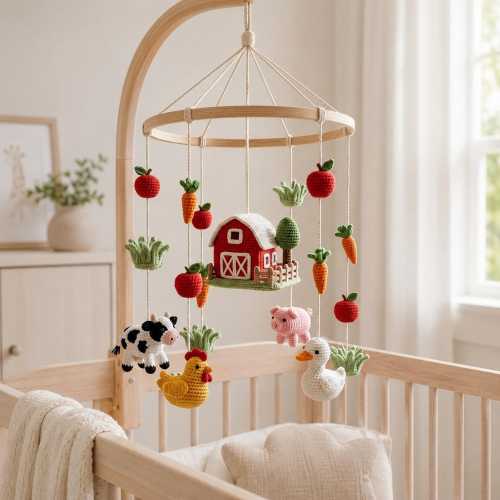 Crochet Farm Baby Mobile, Farm Animal Crib Mobile, Barn Nursery Decor, Cow Pig Duck Mobile, Baby Shower Gift