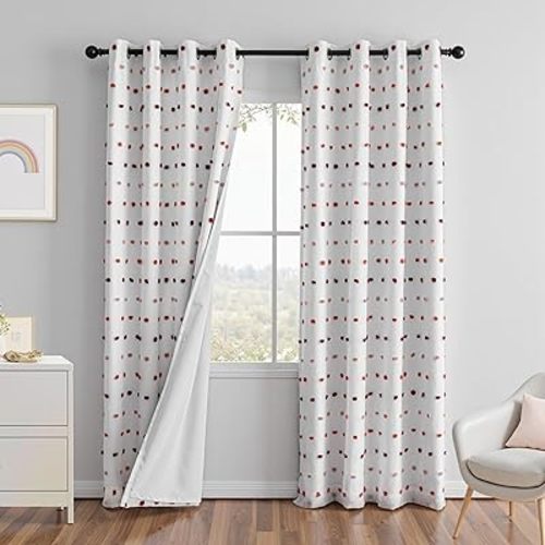 MEETSKY 100% Blackout Curtains for Girls Bedroom 84 Inch Long Total Light Blocking Colorful Red and White Curtains for Kids 2 Panels Room Darkening Grommet Window Drapes with Pom Pom Sheer 52W x 84L