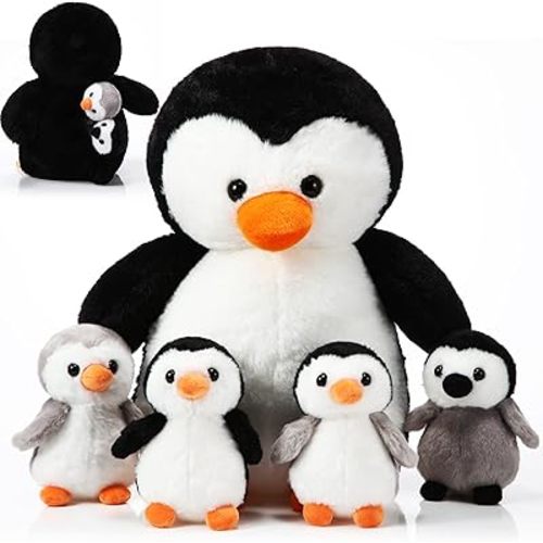 5 Pcs Penguin Plush Toy Set 1 Mommy Penguin Stuffed Animal with 4 Cute Babies in Her Belly 14 Inch Soft Cuddly Penguin Plushie for Valentines Birthday New Year Gifts(Lovely Style)