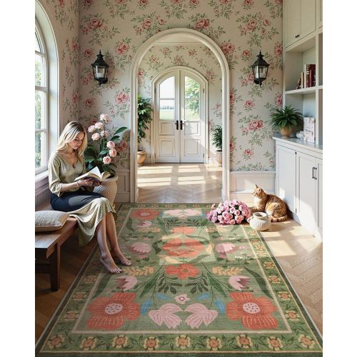 Floral Green Rug 8x10 Boho Washable Rug for Living Room, Colorful Soft Classroom Carpet Non Slip Ultra-Thin Dorm Decor, Vintage Botanical Carpet for Bedroom Nursery Kids Room (8x10ft,Green)