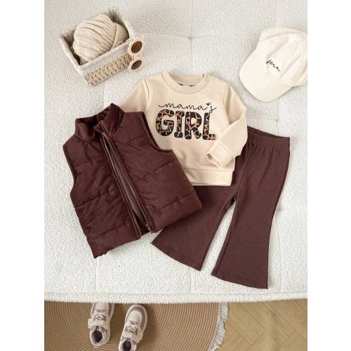 SHEIN Playful Pals 3pcs/Set Baby Girl Autumn Corduroy Padded Vest Mama's Girl Printed Sweatshirt & Elastic Pants Shades Of Brown Autumn Cute Modest Matching Family 6M-3T | SHEIN USA