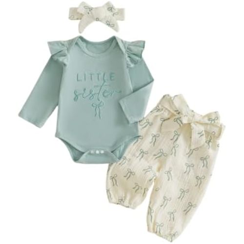 Kaipiclos Newborn Baby Girl Clothes Little Sister Outfit Long Sleeves Romper Pants Baby Clothes for Girls 0 3 6 12 18 Months