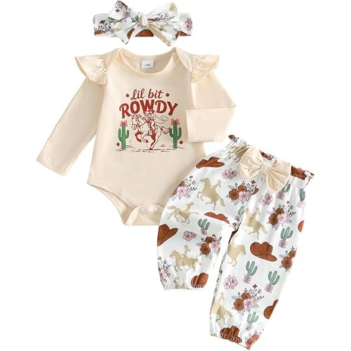 Newborn Baby Girl Clothes Western Style Romper and Pants Headband Fall | Cowgirl outfit, Western and letter print, Ruffled bodysuit, Country pants and headband
