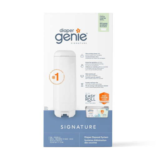 Diaper Genie Signature Pail, White, includes 1 Easy Roll Refill with 9 bags
