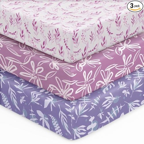 Unnivoll Baby Crib Sheets for Boys Girls, 28x52x8in Fitted Crib Sheet Neutral 3 Pack for Standard Crib and Toddler Mattress, Breathable Soft Microfiber Baby Sheet Purple Leaf