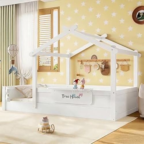 Bellemave Twin Size Floor House Bed with Door and Guardrails, Kids House Beds with Tray and Free-Installed Signboard, Twin Platform Bed Frame for Girls Boys, White