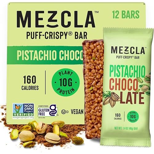 Mezcla Puff-Crispy Plant Based Protein Bars - Pistachio Chocolate - Healthy Snacks for Adults & Dubai Chocolate Fans - Travel & Office Snacks - Gluten Free, Vegan, Non GMO, 10g Protein - 12 Count
