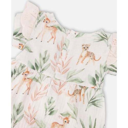 Muslin Tunic And Pointelle Leggings Set, Peach Deer Print & Green - Deux par Deux | Maisonette