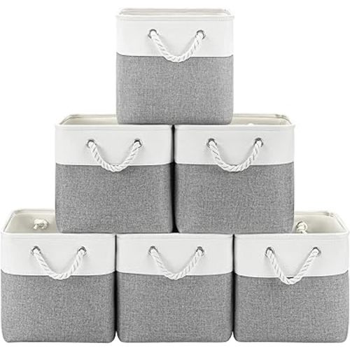 11x11 Cube Storage Bins, 6 Pack Foldable Fabric Organizer Bins with Rope Handles, Storage Cubes for Organizing Bedroom, Living Room, Clothes and Toys, Shelves and Closet (White & Gray)