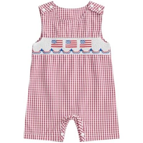 BeQeuewll 4th of July Baby Clothes Newborn Girl Boy Smocked Bubble Romper Flag Plaid Overalls Infant First 4th of July Outfit