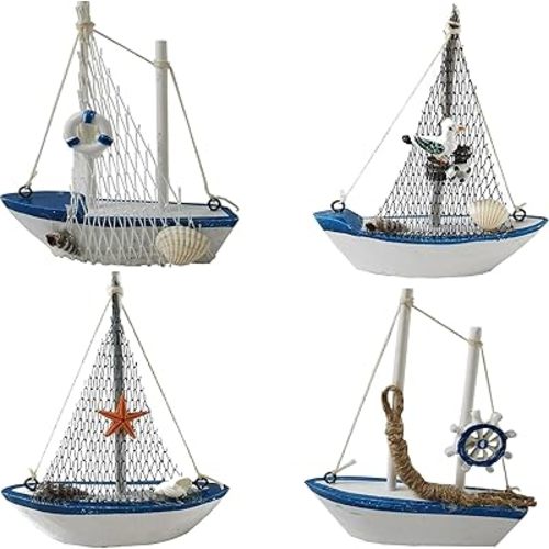 TIHOOD 4PCS Mini Sailboat Model Decoration Wooden Miniature Sailing Boat Home Decor Set, Beach Nautical Design, Navy Blue and White, 4.4 x 6.8 Inch (StyleB)