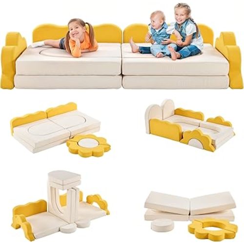 Karl home Kids Couch 12PCS, Modular Kids Play Couch, Indoor Multifunctional Foam Toddler Sofa with Flower Shape, Sectional Convertible Sofa Imaginative Furniture Play Set for Playroom, Yellow & White