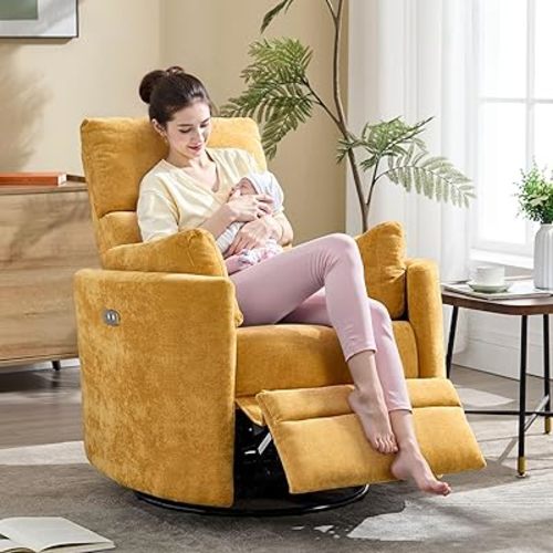 Power Recliner Swivel Glider Rocking Chair with USB Port,Multifunction Electric Recliner Living Room Bedroom with Upholstered Nursery Chair Adult Rocking Chair with 2 Pillows (Yellow, Power-Driven)