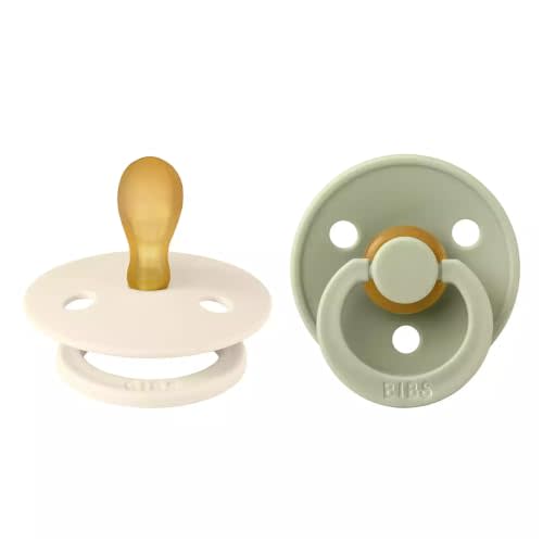 BIBS Pacifiers Colour Collection | Natural Rubber Baby Pacifier | Round Nipple | Set of 2 BPA-Free Soothers | Made in Denmark | 0+ Months (Pack of 2) | Sage/Ivory | Natural Rubber Latex | Size 1 | BPA-Free | Made in Denmark | High Nipple Acceptance | A...