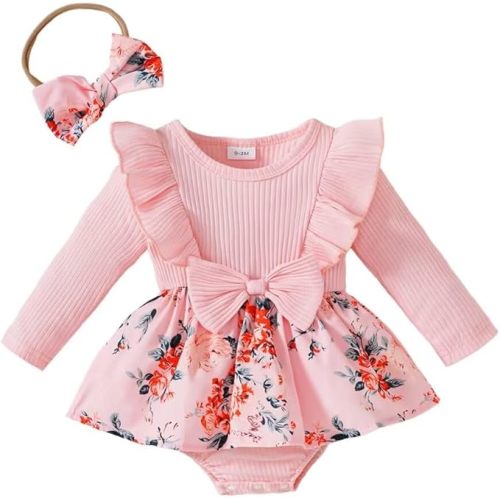 Bekarsy Baby Girl Clothes Fall Winter Outfit Long Sleeve Plaid Romper Dress Ruffles Jumpsuit with Bow Headband