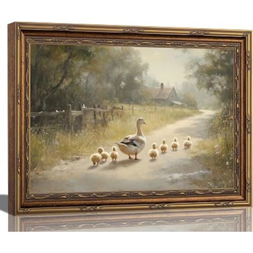 3D Textured Canvas Wall Art Vintage Carved Gold Frame Duck With Ducklings Countryside Farmhouse Vintage Relief Poster Print Artwork for Apartment Living Room Bedroom Nursery Home Decor