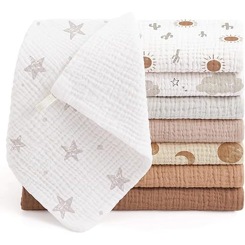 Bearmoss Muslin Burp Cloths 100% Cotton Cloths Baby Burp Cloths Muslin Washcloths Ultra-Absorbent Soft Baby Face Towel Burping Clothes for Newborn Burp Cloths Baby Boys and Girls 20"x10"(Brown)
