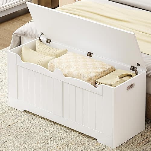 43.3" Storage Chest, Extra Large Storage Trunk with 2 Safety Hinges, Lift-Top Bench Box, Wooden Chest Organizer, Shoe Bench for Entryway, Bedroom, Living Room, White SB25503X