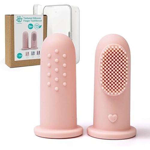 BumbleBee Silicone Baby Finger Toothbrush, Oral Cleaning & Teething Brush for Infants & Toddlers, 0 Months+, 2 Count with Travel Storage Case - Pink