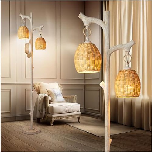 Scenekoy 68" High Farmhouse Rustic Country Cottage Floor Lamp Tree Trunk Faux Wood Column White Washed Wicker Drum Shade Decor for Living Room Bedroom Reading Room