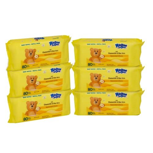 Ricitos de Oro Baby Wipes, Chamomile and Aloe Vera Refillable Baby Wipes, Moisturize and Clean Baby, Lightly Scented, Hypoallergenic, Alcohol-Fee, 6-Pack of 80 wipes each one (480 wipes)
