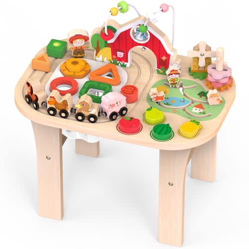 Weilim Activity Table for 1 Year Old, Baby Wooden Sensory Table with Bead Maze Shape Sorter Train Track for Toddler, Farm Montessori Toy Activity Center Educational Learning Toys for Kids 12+ Months